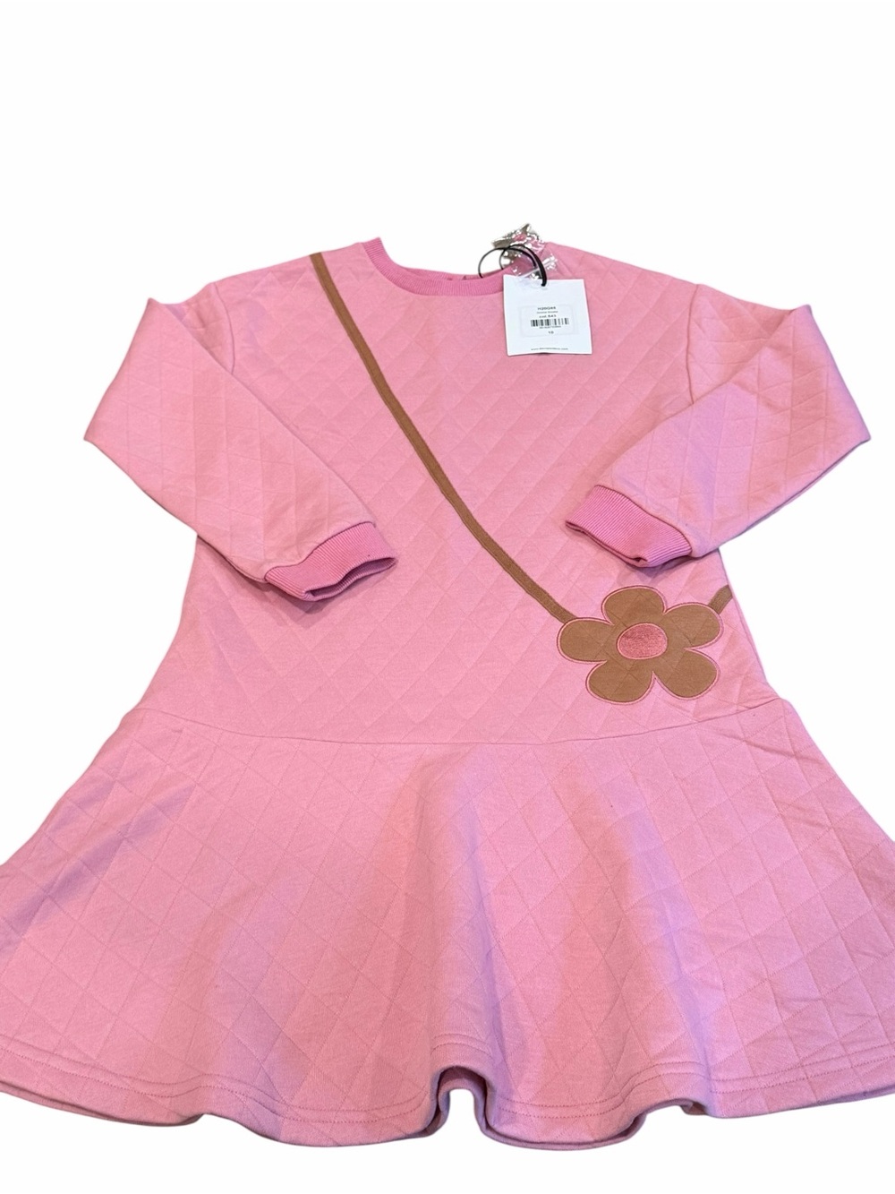 NWT, deux par deux, Pink Quilted Dress with Brown Flower Applique, Size 10